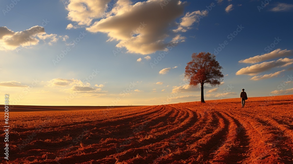 Poster a lone person standing in a field next to a tree. generative ai image.