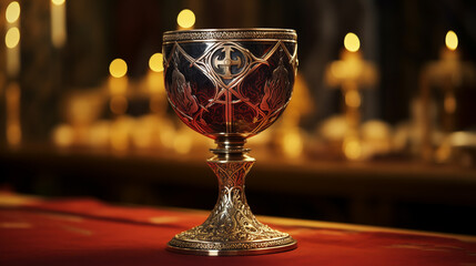 The Holy Grail is the chalice cup that Jesus Christ drank from at the Last Supper which has mystical powers according to the Arthurian legend.ai generative - obrazy, fototapety, plakaty