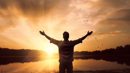 Fototapeta premium Silhouette of young freemen open both arms praying in sunset. ai generative