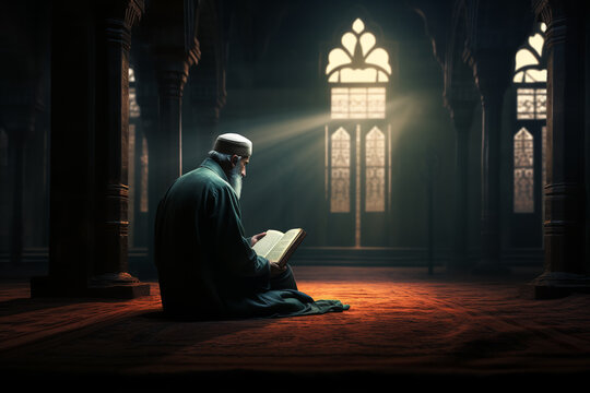 Muslim elder sitting in masjid reading quran before prayer time at subdued dark light. ai generative