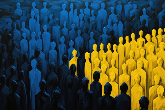 Abstract blue and yellow illustration of group of people standing next to their leader. Political concept of nation fighting together for freedom. Ukrainian flag colors