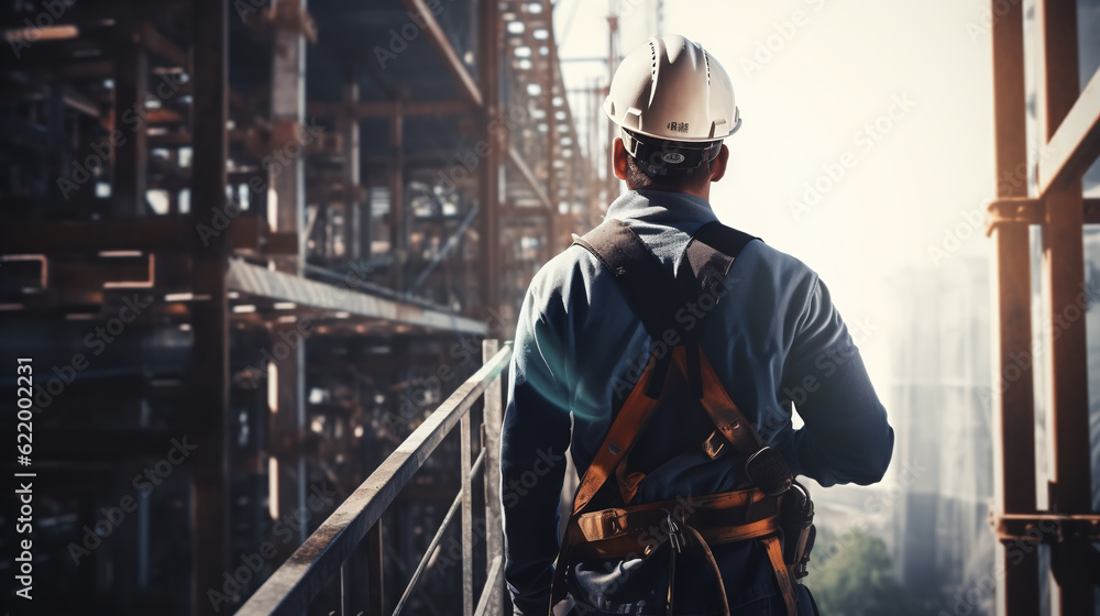Poster the man worker climbing at construction site with helmet and uniform for works at height outside bui