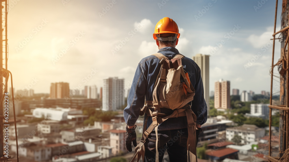 Poster the man worker climbing at construction site with helmet and uniform for works at height outside bui