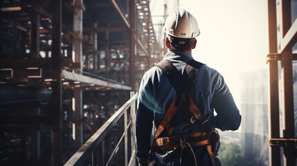 The man worker climbing at construction site with helmet and uniform for works at height outside building.ai generative