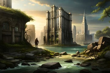 An imaginary city, abandoned and covered with Green plants - Generative AI