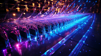 Fiber optic cable internet connection, neon lighting. ai generative. - obrazy, fototapety, plakaty