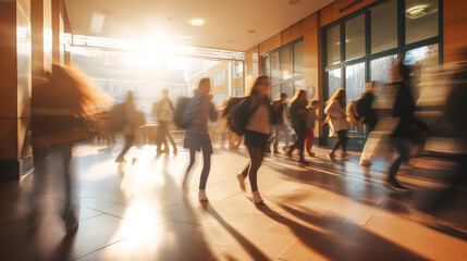 blurred group of young students going to class in fast movement.ai generative
