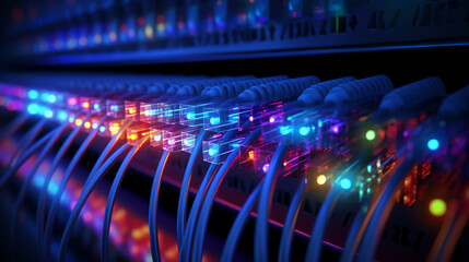 Fiber optic cable internet connection, neon lighting. ai generative. - obrazy, fototapety, plakaty