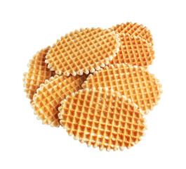 Pile of round crispy waffles on a transparent background