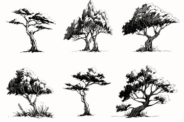 set of trees silhouettes