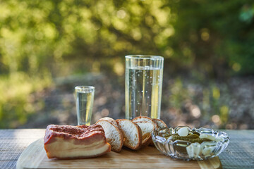 Smoked bacon, slices of rustic bread and pickled sour onions with shoot of slivovitz or plum brandy...