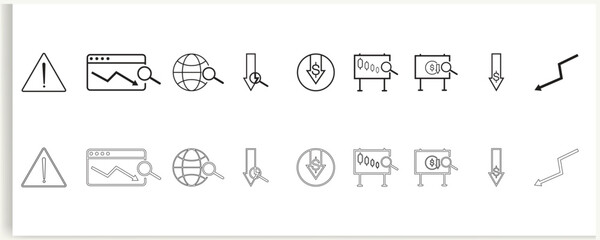 Economic crisis finance and money outline line black icons set.