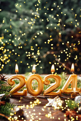 Holiday background Happy New Year 2024. Numbers of year 2024 made by gold burning candles on bokeh festive sparkling background. celebrating New Year holiday, close-up. Space for text