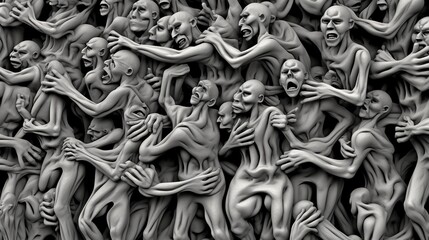 Sculptural composition on the theme of purgatory or hell with many writhing bodies. The dark faces of the creatures scream and beg. Generative AI illustration for cover, interior design, decor, print. - obrazy, fototapety, plakaty