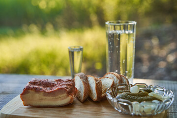 Typical east european dinner popular in slavic countries consist from smoked pork bacon, cucumber pickles and slices of whole grain bread with glass of water and shot of vodka spirit on wooden plate.