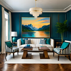 Interior design of a vibrant and eclectic living room that combines elements of bohemian style with a touch of elegance, incorporating rich textures, bold patterns