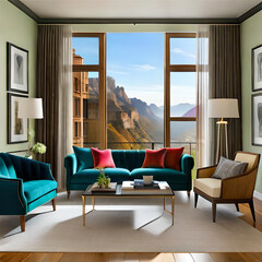 Interior design of a vibrant and eclectic living room that combines elements of bohemian style with a touch of elegance, incorporating rich textures, bold patterns