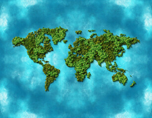Green World Map- 3D tree or forest shape of world map isolated on white background. World Map...
