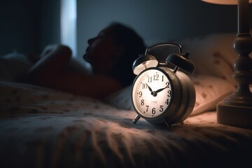 person waking up, Photographic Capture of an Illuminated Digital Modern Alarm Clock on a Bedside, Accompanying a Peacefully Sleeping Person