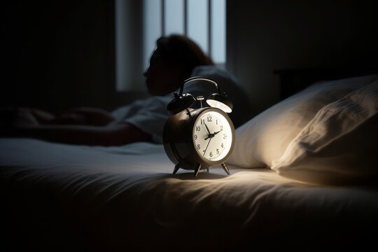 person waking up, Photographic Capture of an Illuminated Digital Modern Alarm Clock on a Bedside, Accompanying a Peacefully Sleeping Person