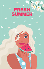 Fresh summer. Summer time, vacation, sea. Woman with slices of watermelon. Vector illustration in a minimalistic style, poster