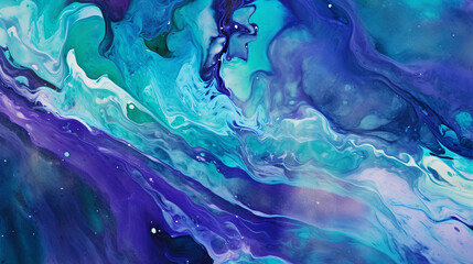 A fluid painting with swirling patterns of rich, deep blues, greens, and purples resembling the depths of the ocean, laced with silver streaks mimicking the glimmer of sunlight penetration, abstract, 