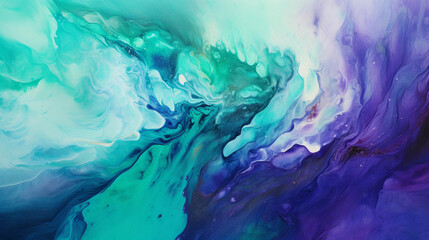 A fluid painting with swirling patterns of rich, deep blues, greens, and purples resembling the depths of the ocean, laced with silver streaks mimicking the glimmer of sunlight penetration, abstract, 