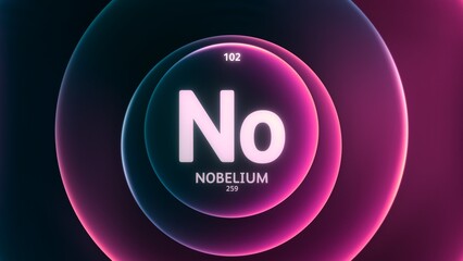 Nobelium as Element 102 of the Periodic Table. Concept illustration on abstract purple blue gradient rings seamless loop background. Title design for science content and infographic showcase display.