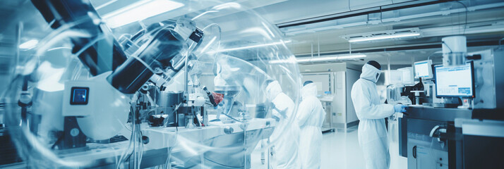 a bustling research facility with scientists in protective suits handling robotic arms, clean, crisp white lighting, intense and focused atmosphere