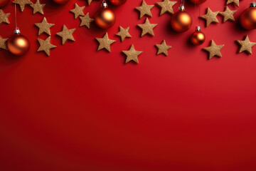 Obraz premium Christmas Tree Decorations Flat Lay: Stylishly Arranged Ornaments on a Red Background with Generous Copy Space for Your Message