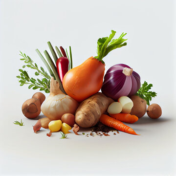 Pile of country and root vegetables, featuring fresh and healthy ingredients for rustic, home-cooked meals, isolated on a white background Ai generated image