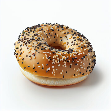 Freshly toasted sesame or everything bagel with cream cheese, breakfast concept, isolated on a white background Ai generated image
