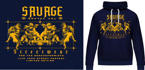 graphic for prints or street wear, illustration with baby angels and urban text expressions of texts savage or limited edition, mockup hoodie blue with print
