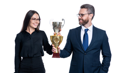 happy partners celebrate business success isolated on white background.