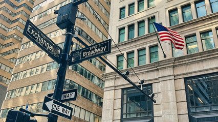 At the corner of Broadway and Exchange in the Wall Street district of New York City 