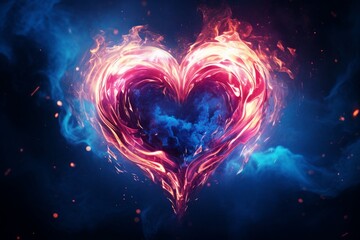 Fiery embrace: A pink heart engulfed in vibrant blue flames, capturing the intensity and passion of a burning love. This captivating image symbolizes the powerful emotions Generative AI