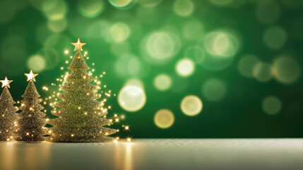 Elegant Christmas Banner with Blank Space for Text - A Festive Xmas Tree in Green and Gold Tones Adorned with Lights and Decorations.

