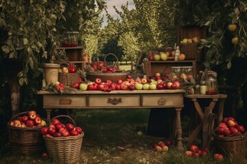 Items presented on a rustic wooden table in the heart of an apple orchard, trees laden with ripe fruit. Generative AI