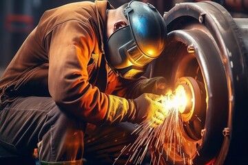 Obraz na płótnie Canvas A dynamic visual representation of Industrial 4.0 in action: A skilled welder is hard at work, performing precise welds inside a pipe for the construction of an NLG Natural Gas and Fuels Generative AI