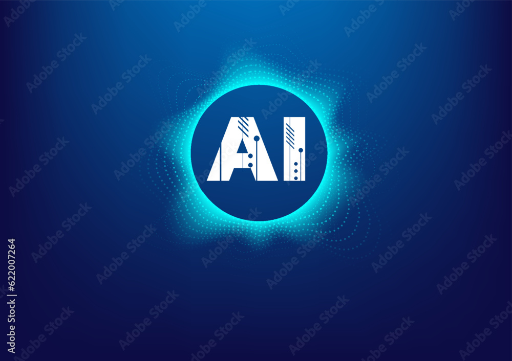 Poster ai artificial intelligence logo text with circle wave blue background technology. high tech concept.