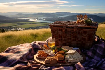 A hand-woven picnic basket with snacks and a blanket spread on a sunny hilltop. Generative AI
