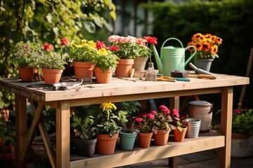 A gardener's table with various potted plants and tools in a blooming backyard garden. Generative AI