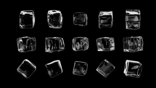 Collection of Ice Cubes on black background. 5 different cubes, rotation on different axis . 3d rendered 4k seamless animation.