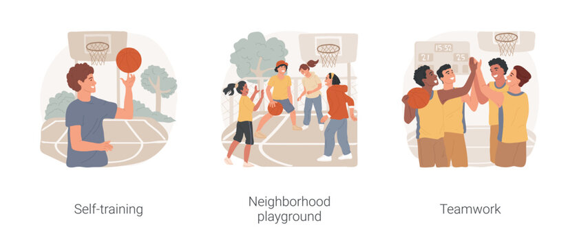 Basketball isolated cartoon vector illustration set. Self-training, teenage boy twirling ball on finger, neighborhood playground, casual game outdoor, teamwork, team spirit vector cartoon.