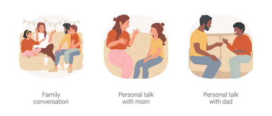 Family talks isolated cartoon vector illustration set. Family conversation, teen daughter having personal talk with mom, dialogue with dad, discussing plans, communication vector cartoon.