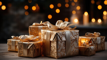 Refined Festivities: Luxurious Wrapping and Elegant Satin Ribbons with Candles and Lights in Background- Ai Generative