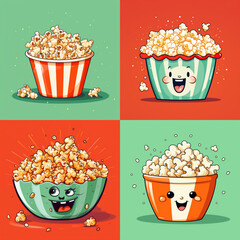 Several popcorn pots in red, green and white, with happy faces, popcorn and soda, four different models, in high resolution, generated by artificial intelligence. - obrazy, fototapety, plakaty