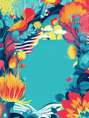 colorful floral design cover poster isolated on blue background, generative ai