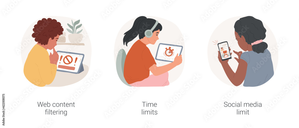 Poster parental control isolated cartoon vector illustration set. web content filtering, block icon on scre
