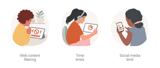 Parental control isolated cartoon vector illustration set. Web content filtering, block icon on screen, child receiving time out message on device, social media limiting app vector cartoon.